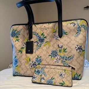Kate Spade Large Spade Flower Tote Blazer Blue + Matching Zip Wallet NWT w/ Box